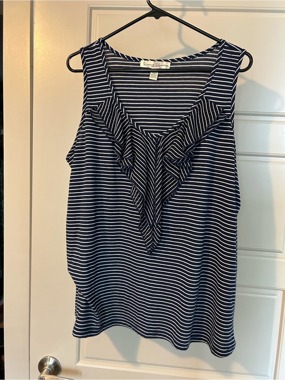 St. John's Bay Navy and White Striped Ruffle V-Neck Tank